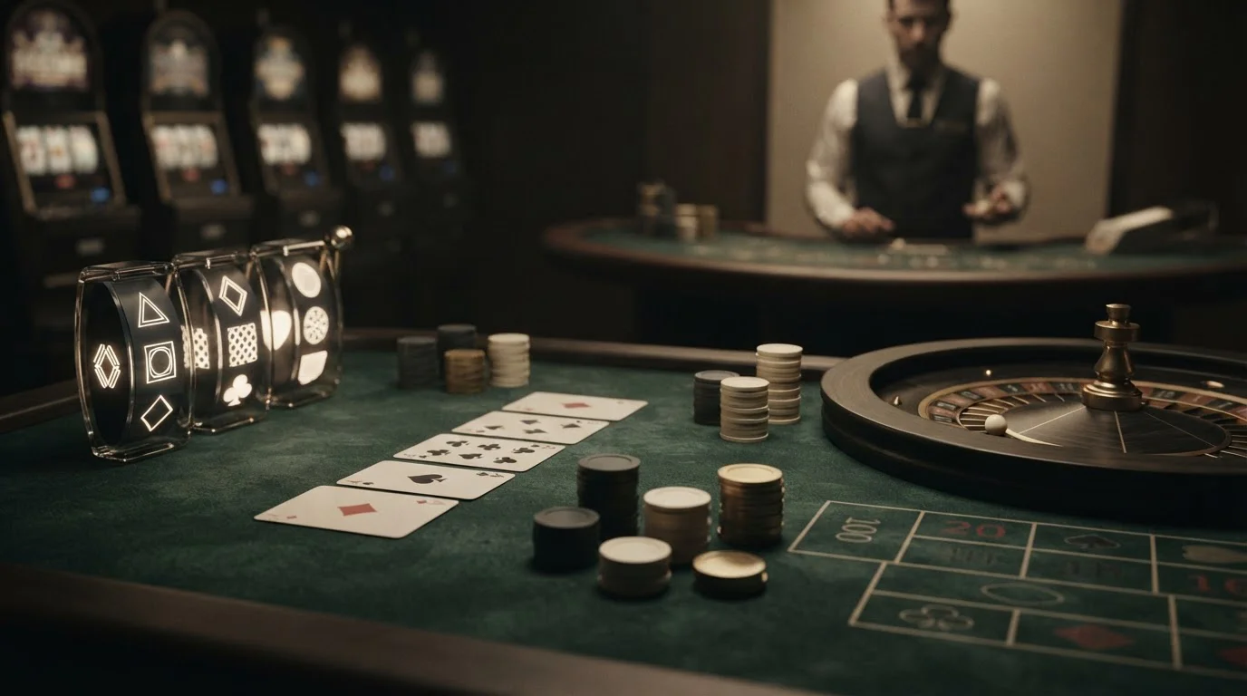 Abstrakte Casino-Illustration mit Karten, Spieltisch und Slot-Motiven ohne Markenlogos